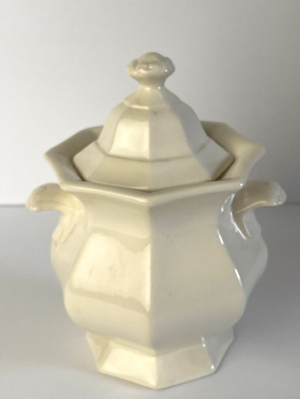 Vintage White Ironstone Style Octagonal Lidded Sugar Bowl Tea Bag Crock Jam Jar